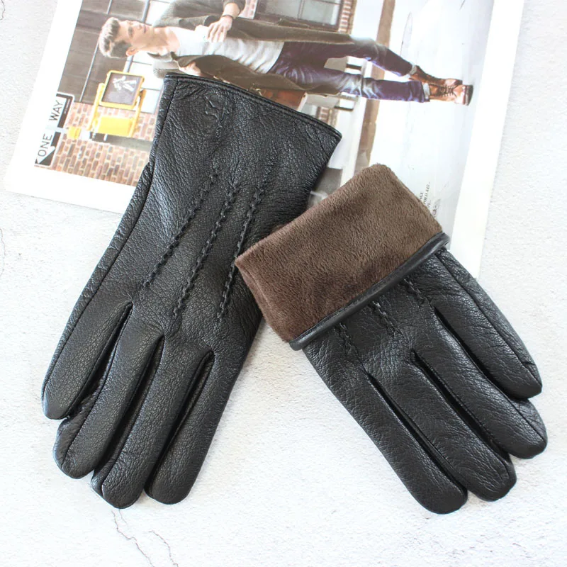 New deerskin gloves men\'s leather touch screen black corrugated plus velvet warm motorcycle riding driving gloves winter