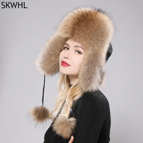 2025 100% 리얼 폭스 모피 모자 여성 러시아어 Ushanka Aviator Trapper 스노우 스키 모자 모자 귀고리 겨울 너구리 모피 폭격기 모자