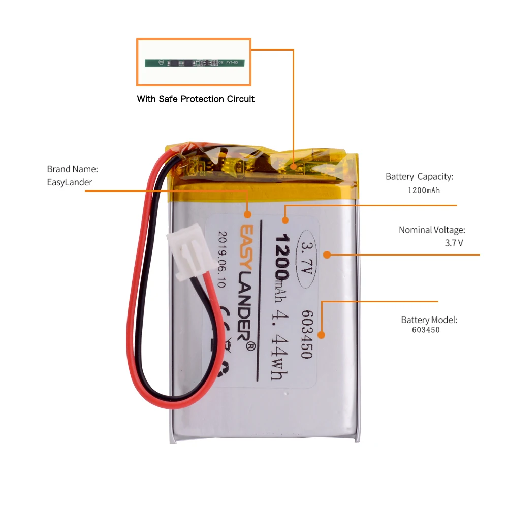JST2.54 2P 603450   Batería recargable de polímero de iones de litio de 3,7 V y 1200 mAh 603550 063450