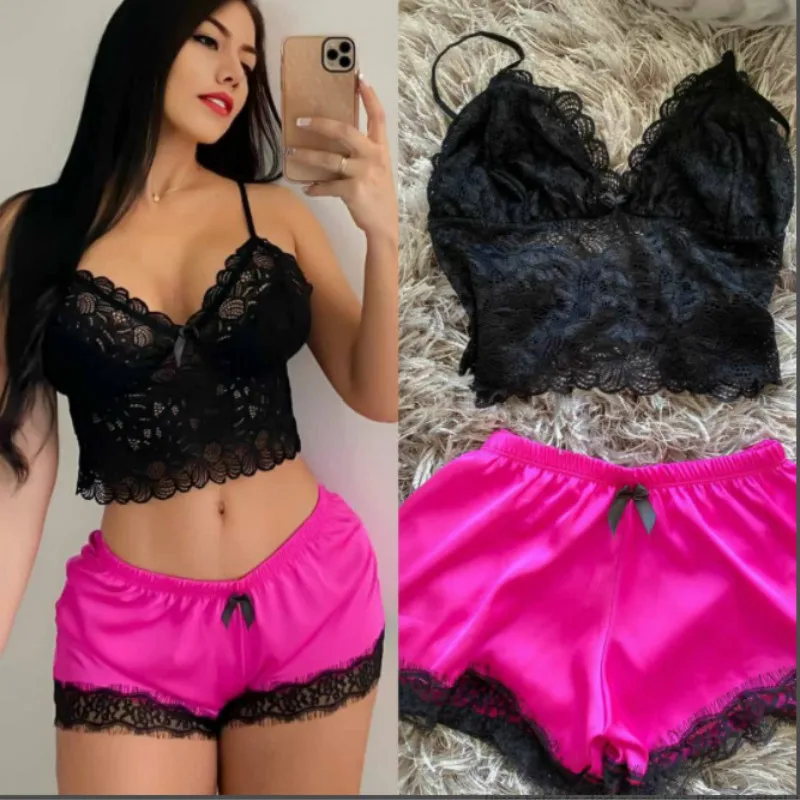 Women Pajamas Set Two Pieces Set Lace ice silk camisole Summer top sexy Sleeveless Loose Elastic Waist Shorts Women Homewear NEW