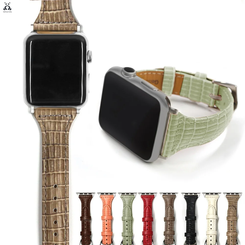 

Lebanda leather band for Apple Watch series 9 8 7 6 SE 5 4 3 slim strap for iWatch crocodile pattern pin buckle wrist 41 45mm