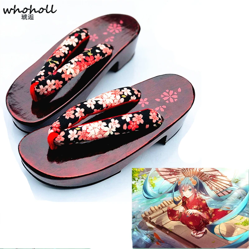 

WHOHOLL Miku kimono Cosplay costumes girl Wedge Japanese Wooden slippers geta Slippers Red Sole Women Flip-flops