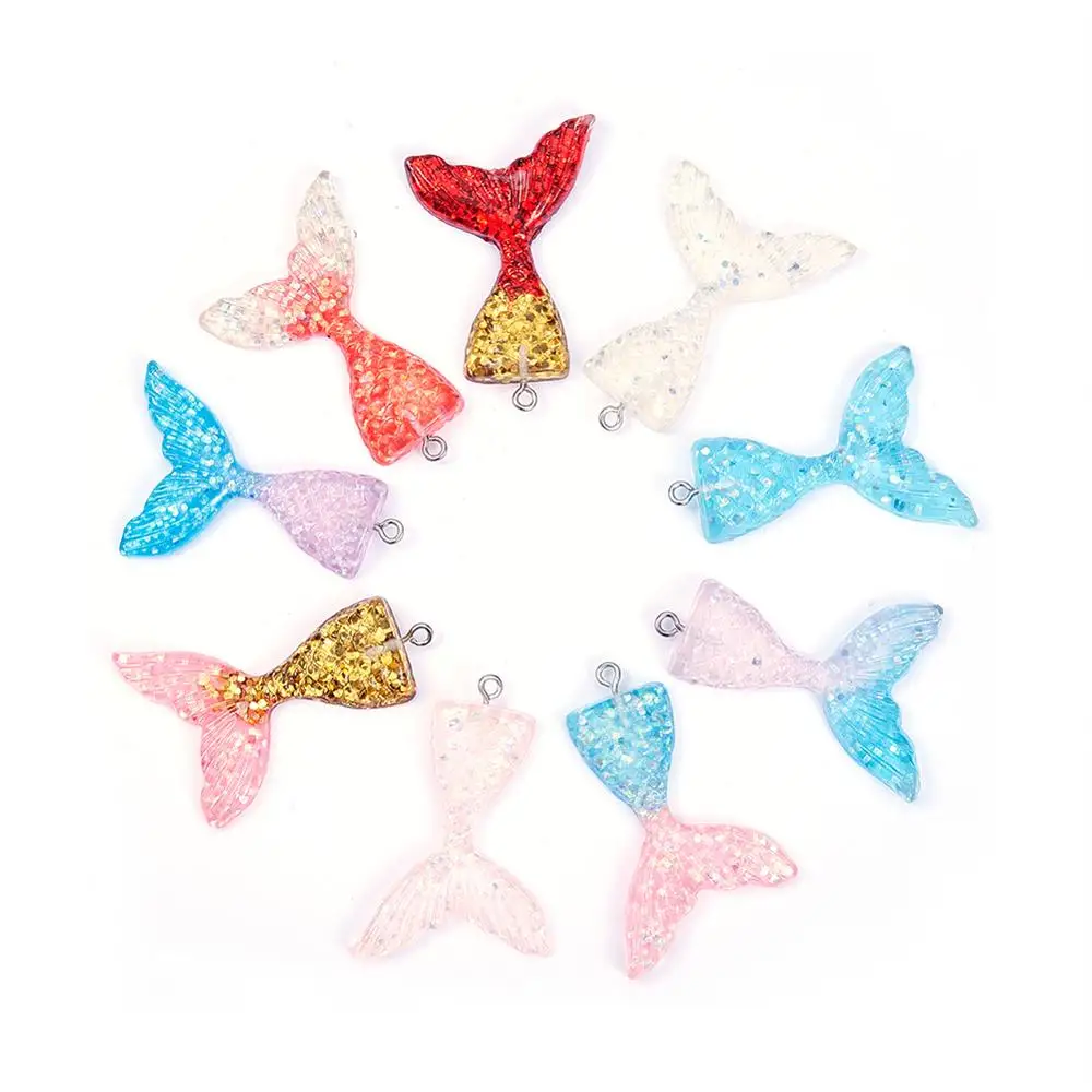 

20Pcs Mixed Color Resin Pendants with Glitter Powder Mermaid Tail Shape for DIY Jewelry Making Supplies