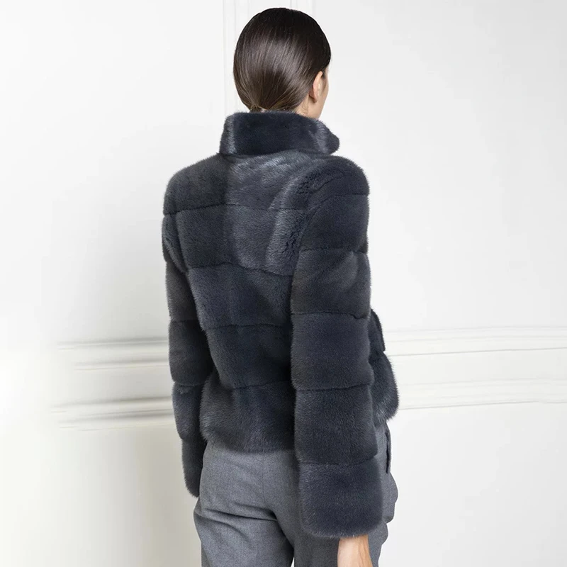 Natural Dark Grey Mink Fur Jacket Women Luxury Fashion Outertwear Stand Neck 100% High Quality Real Fur Jacket Lady Spring New