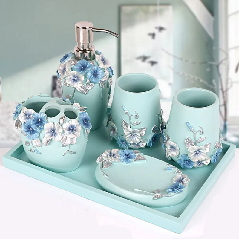 Creativity Resin Five-piece Bathroom Set Relief Flowers Decorative Mouth Cup Sets European Home Modern Bathrooms Accessories