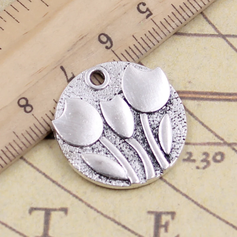 10 Uds. De abalorios de tulipanes y flores, Tulipa de 25x25mm, colgantes de Color plata tibetano, fabricación de joyas antiguas, artesanías hechas a mano
