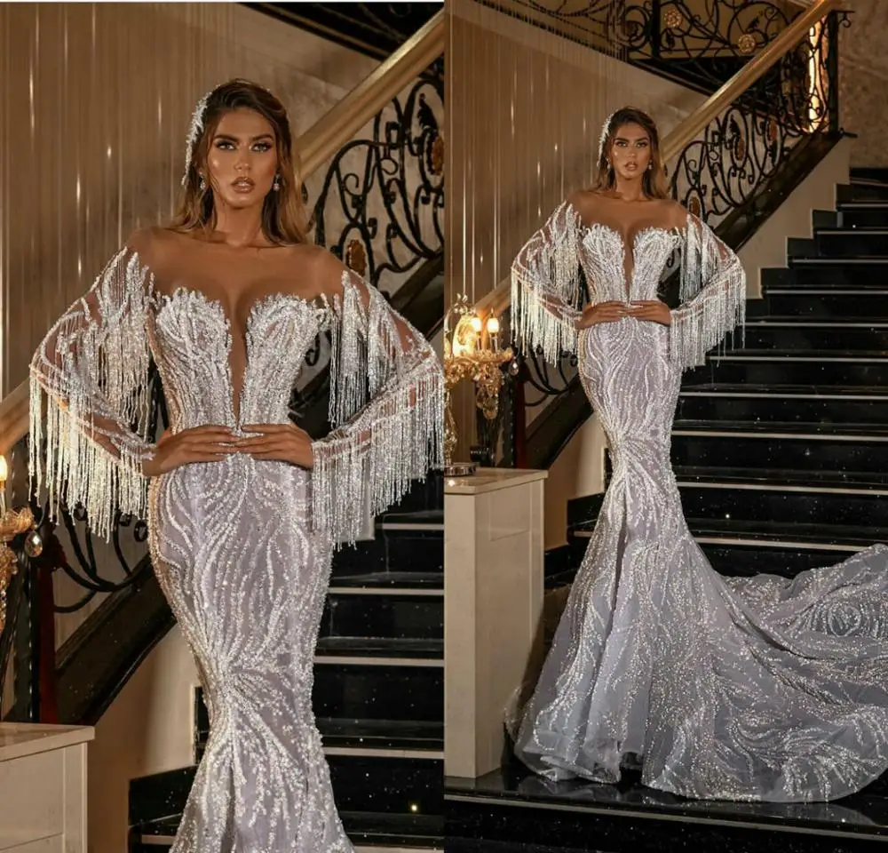 

Sparkly South African Luxury Mermaid Wedding Dresses Beading Tassel Long Sleeve Bridal Gowns Vestido De Novia Sexy Illusion Robe