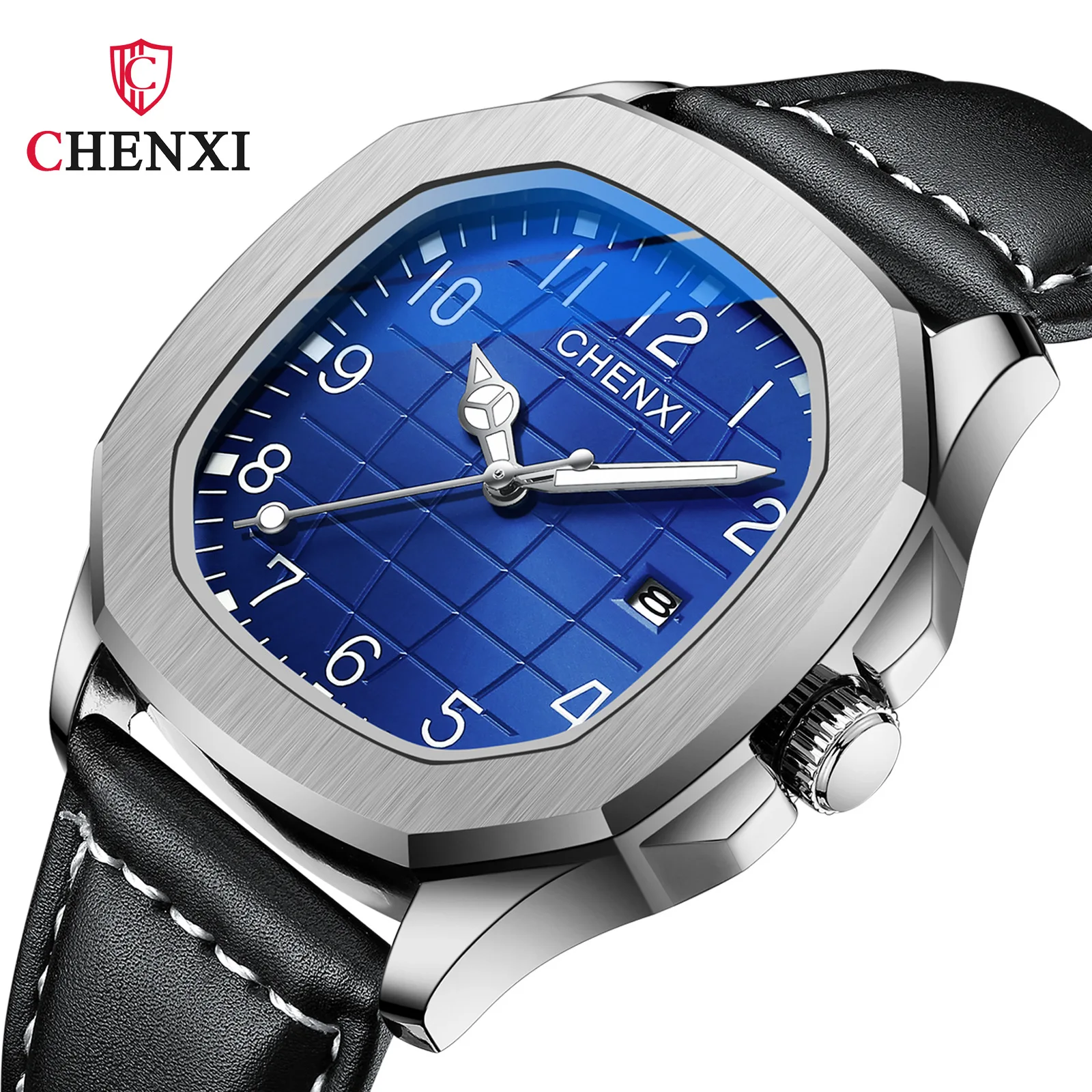 

Mens Watches Top Brand Luxury CHENXI Brand Silver Watch Case Leather Strap Gym Watches for Men Gift Grid Dial Luminous Calendar