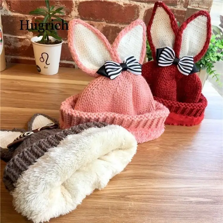3 Pcs Set Rabbit Ears Baby Hat Beanie Caps Warm Winter Kids Baby Girl Hat Bows Warm Thicken Children Toddler Bunny Hat