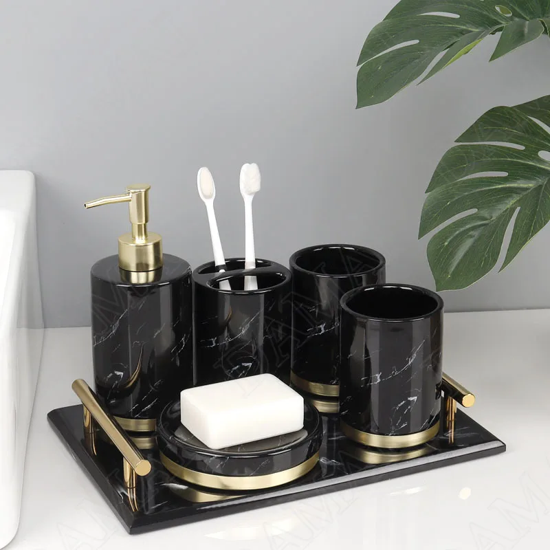 European Ceramic Bathroom Set Five Piece Set Marble Texture Washbasin Soap Bottle Golden Stroke Modern Home Bathrooms Decoration