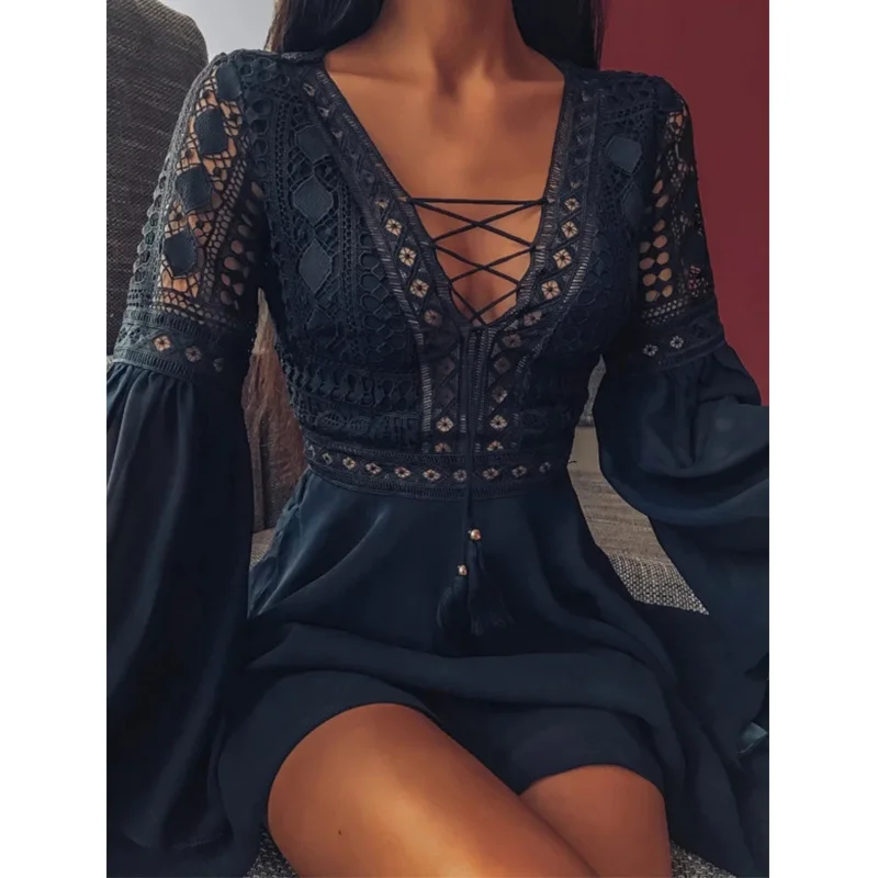 2021 Spring Women Sexy Crochet Lace V-Neck Party Dress Elegant Flare Sleeve Chiffon Mini Dresses Ladies Fashion Hollow Out Dress