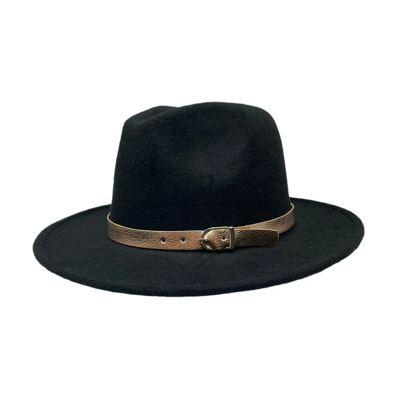 

Men Women Black Cowboy Hat Wide Brim Gold Belt Jazz Fedora Hats Panama Trilby Cap Trend Gambler Hat Wholesale