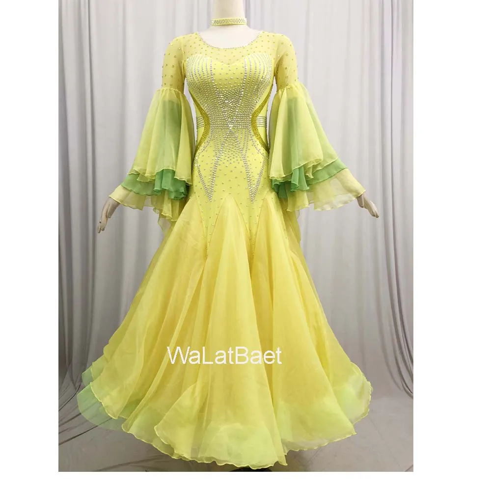 Ballroom Dance Dress For Girls Ballrom Dancing Wear Ballroom Dance Clothing Trumpet Sleeves Stage Costumes Yellow  Color