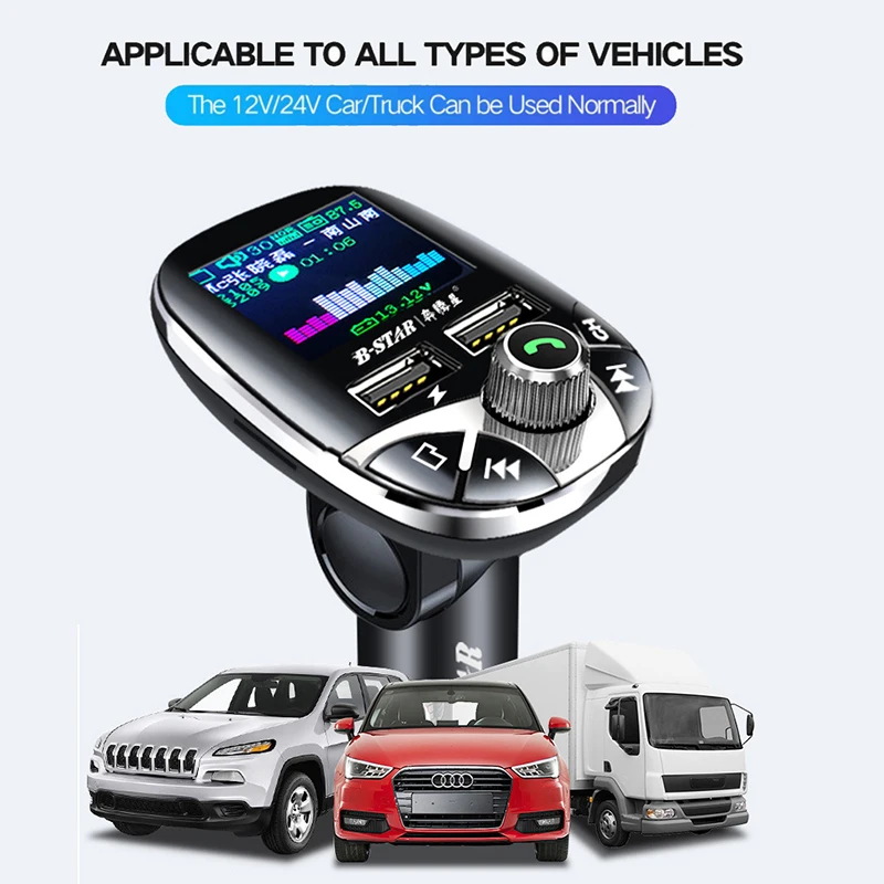 JINSERTA Car Bluetooth5.0 FM Transmitter Modulator Color Screen Hands-free MP3 Player Dual USB Charger with Remote Control