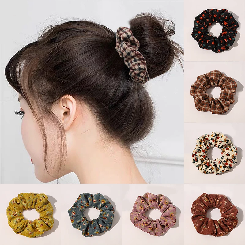 Vintage Corduroy Plaid Floral Printed Hair Ties Scrunchies Women Sweet Flowers Elastic Hair Bands Simple Stripe Hair Accessories