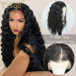 YYYsoo-Long Black Kinky Curly Futura cabelo sintético, parte T perucas para mulheres, peruca de fibra resistente ao calor, alta densidade, linha fina natural