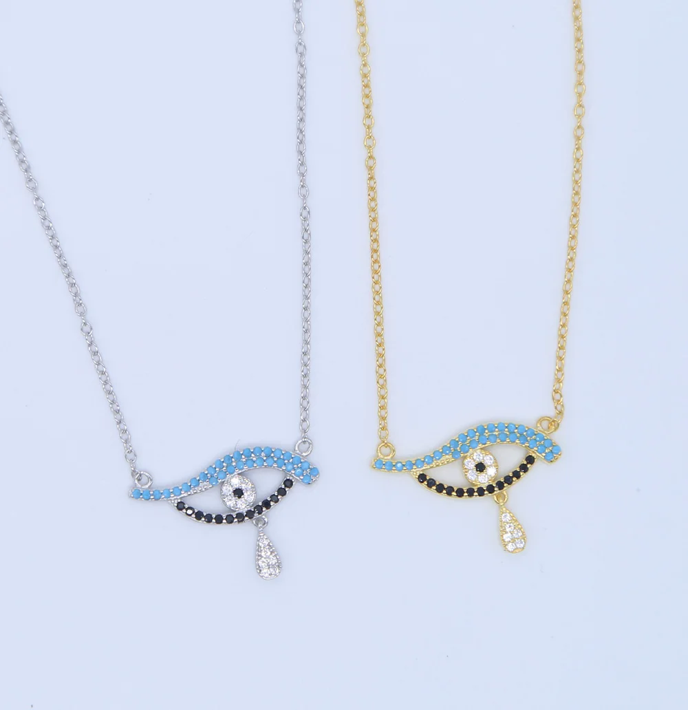 925 sterling silver new arrive pave clear blue black cz Danity delicate thin chain turkish evil eye charm drop silver necklace