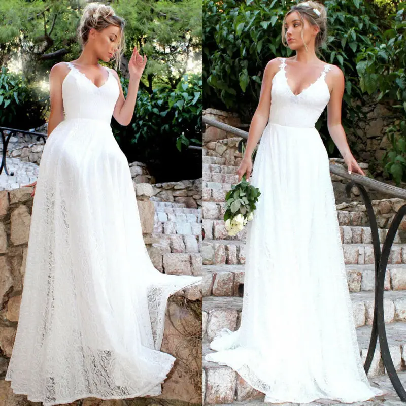 Womens Sleeveless Long Lace Formal Party Dress Prom Wedding Bridesmaid Ball Gown Dress White Boho Style Beach Maxi Dress