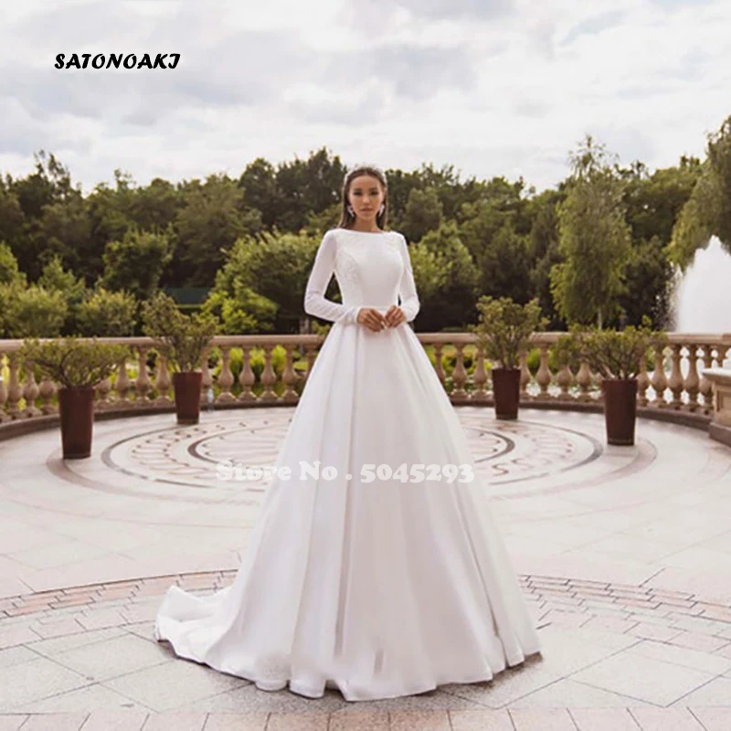 Vestidos De Novia 2024 Elegant Satin Wedding Dress Long Sleeve Lace Muslim Bridal Gown for Bride Button Back Robe Mariée Online