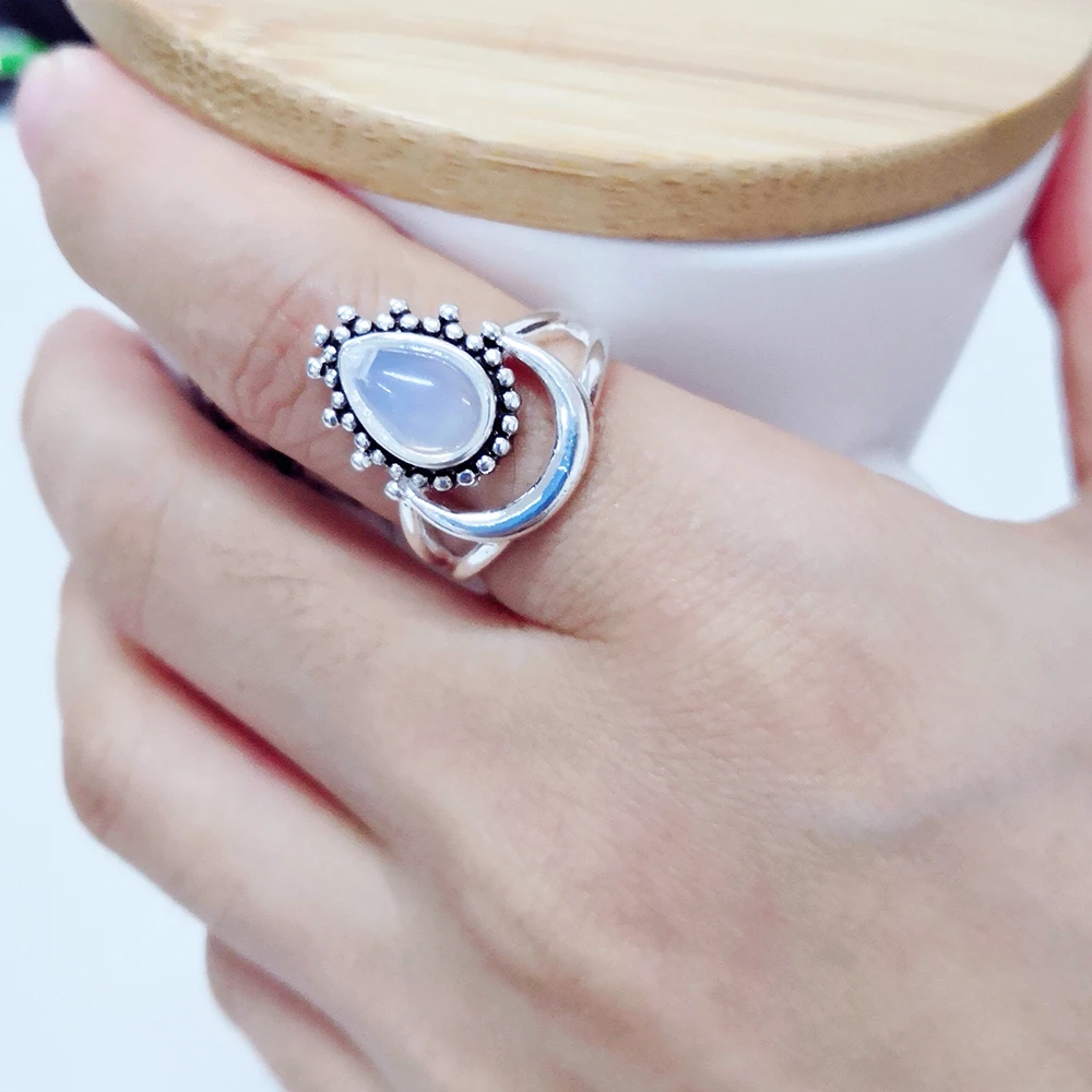 Charm Large Antique Marquise Created Moonstone Rings 925 Silver Women\'s Vintage Punk Jewelry Ring Unique Anniversary Party Gift