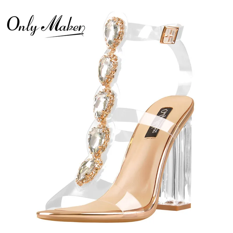 

Onlymaker Women Peep Toe Buckle Cutout Gem Clear Chunky High Heels Gladiator Transparent Strip Rhinestones Summer Sandal