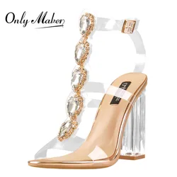 Onlymaker Women Peep Toe  Buckle Cutout Gem Clear Chunky High Heels Gladiator Transparent Strip Rhinestones Summer Sandal