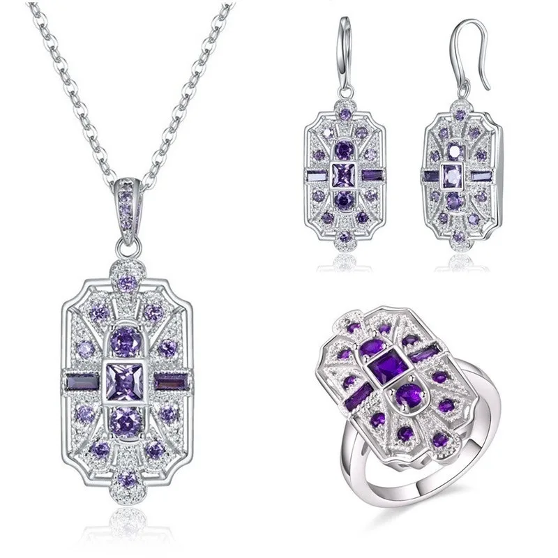 Woman Fashion Art Style Blue Stone Crystal Necklace Earrings Ring Jewelry Sets Bridal Engagement Wedding Gifts