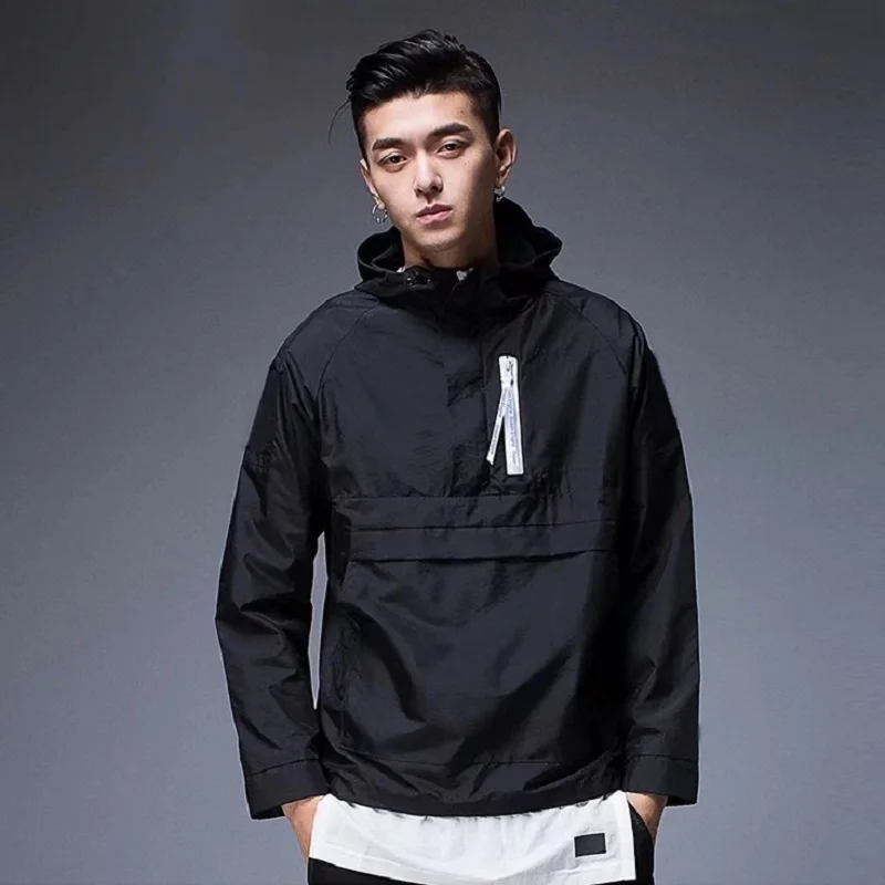 

Men's Fashion Side Slit Pocket Casual Half-zip Hoodie Japanese Youth Pullover Solid Color Outerwear Harajuku Men's Clothing