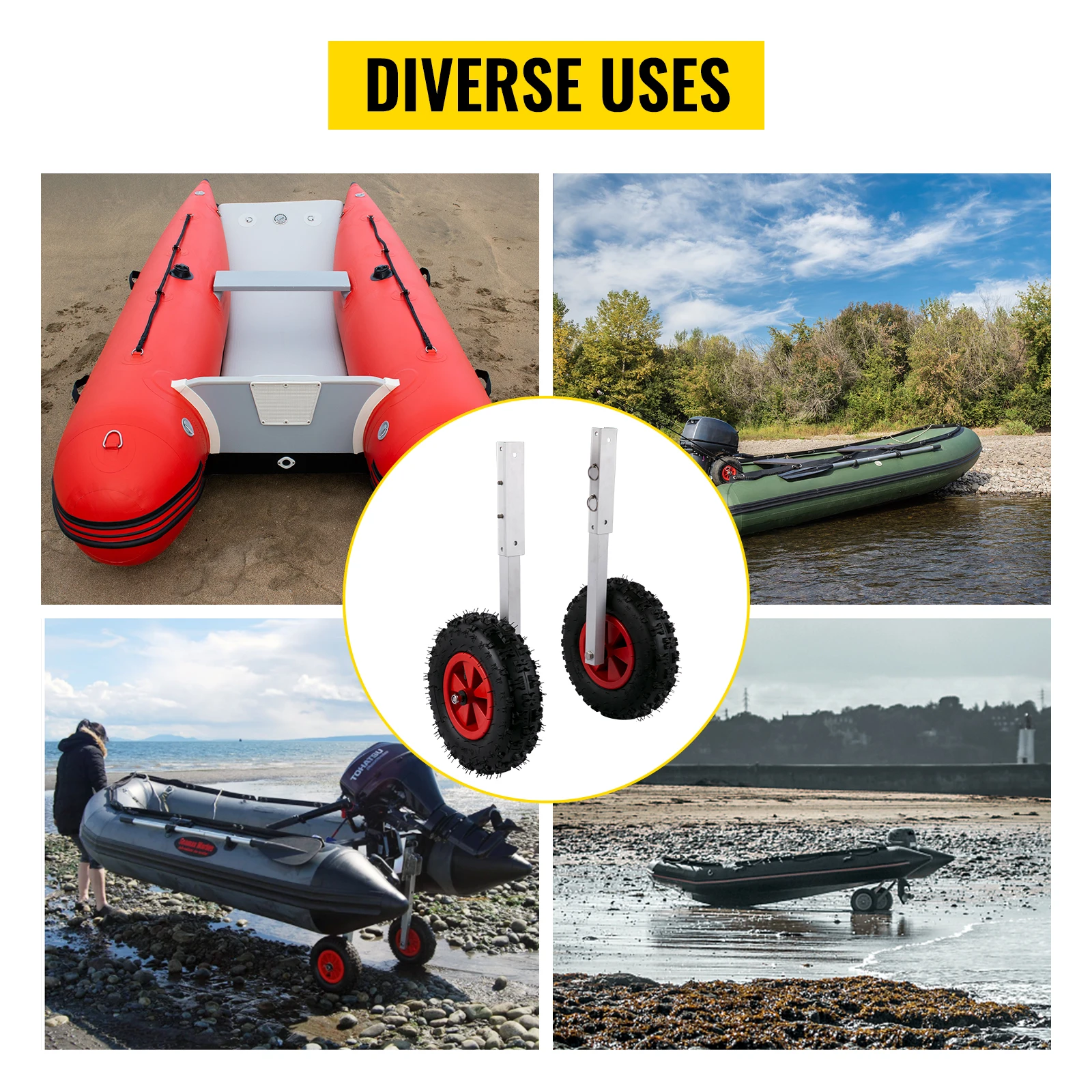 VEVOR 2Pcs Inflatable Boat Launching Wheel 272 KG Weight Load Capacity Aluminum Frame 32CM Diameter Rubber Tire Ship Moving Tool