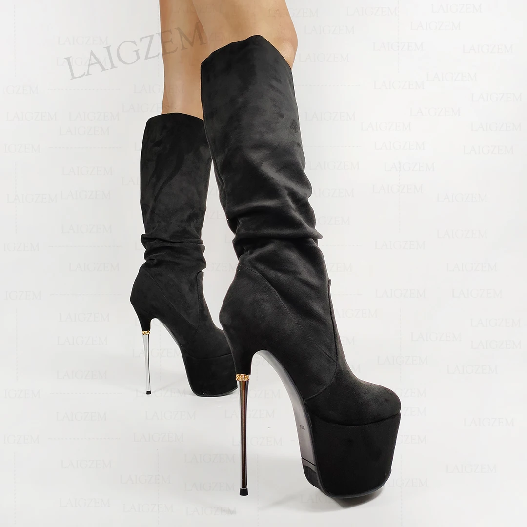 LAIGZEM Women Knee High Boots Platform Faux Suede 16CM Metal Stiletto Heels Tall Boots Platform Shoes Woman Big Size 33 39 42 43