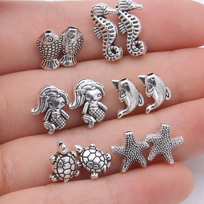 30Pcs 6Style Spacer Marine Life Mermaid Turtle Dolphin Small Hole Bead Charms For DIY Necklace Bracelets Jewelry Making