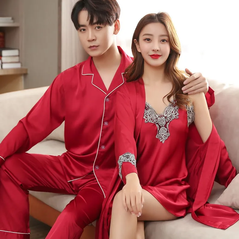 Men Pyjamas Suit Autumn Couple Pajamas Long Sleeve Pijama Male Plus Size Sleep Clothing Silk Nightie Sleepwear Lovers Wedding