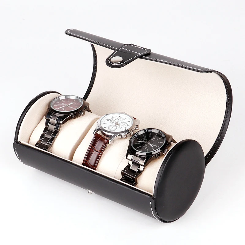 Luxury Watch Display Case Cylinder 3 Slot Wristwatch Bracelet Ring Jewelry PU Leather Box Storage Travel Pouch Gift Box