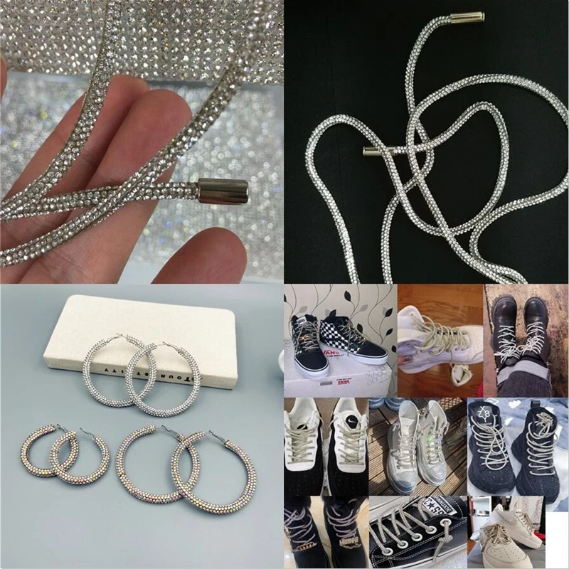 Hot Sale 138Cm Dense Diamond Shoelace Fashion Rhinestone Drawstring Tube Cotton Rope Diy Hoodie Trouser Belt Waistband Ins Chain