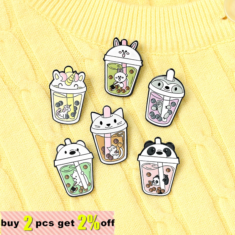 Cute Bubble Cat Penguin Boba Tea Enamel Pins Tapioca Milk Tea Lapel Pin Animal Badges Bag Kitty Brooches for Gift Wholesale