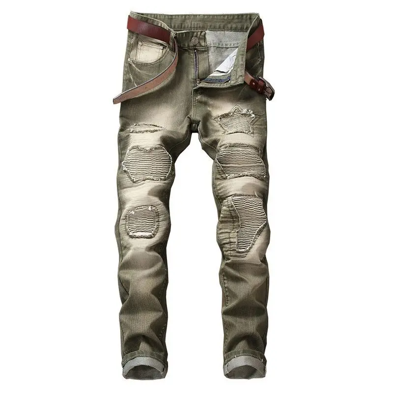 New Brand Mens Biker Jeans High Stretch Cargo Denim Jeans Men Solid Designer Pleated Washed Slim Scratched Pants 29-42