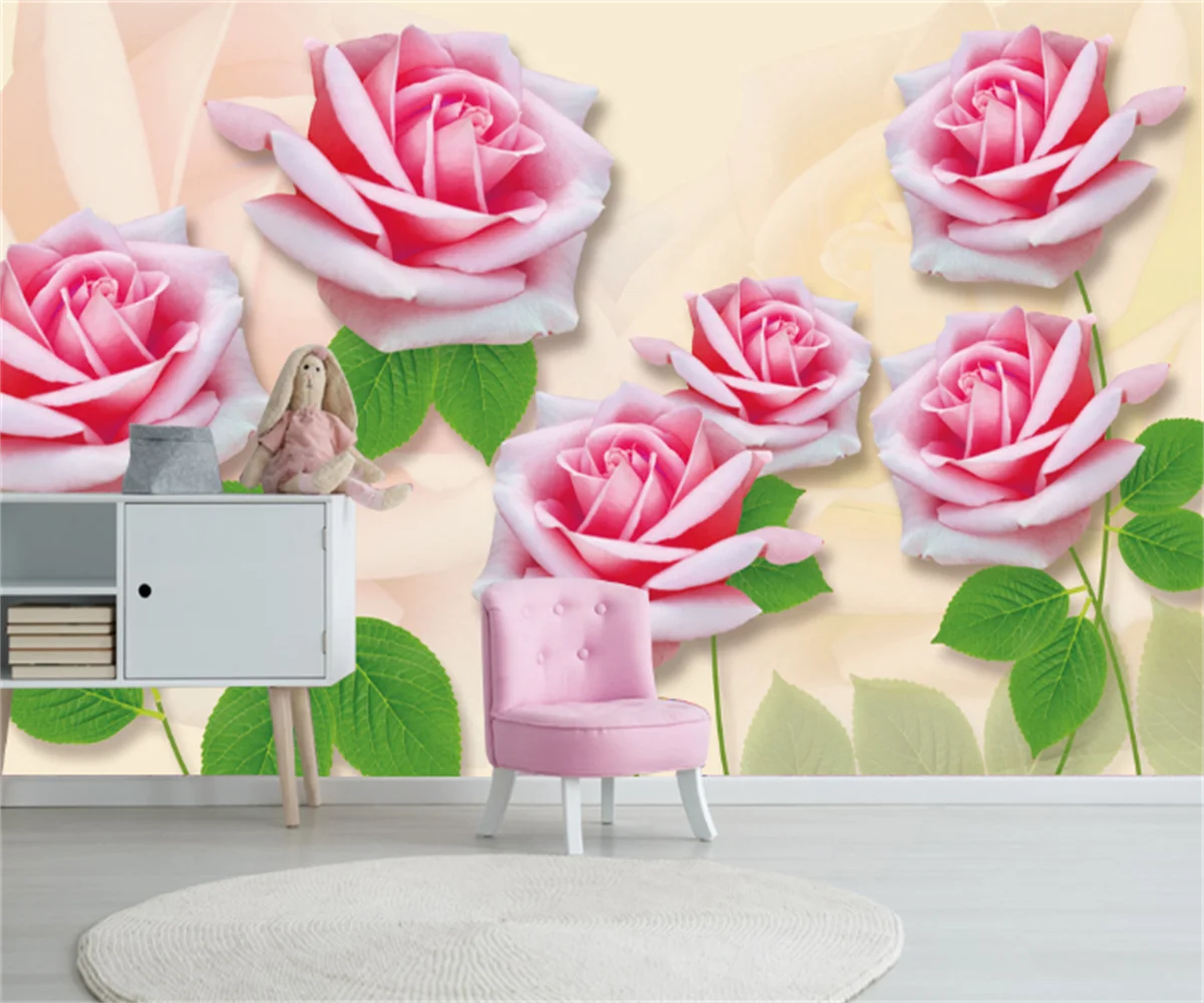 

Nordic minimalist hand-painted rose flower small fresh TV sofa background wall custom home decoration mural wallpaper papier