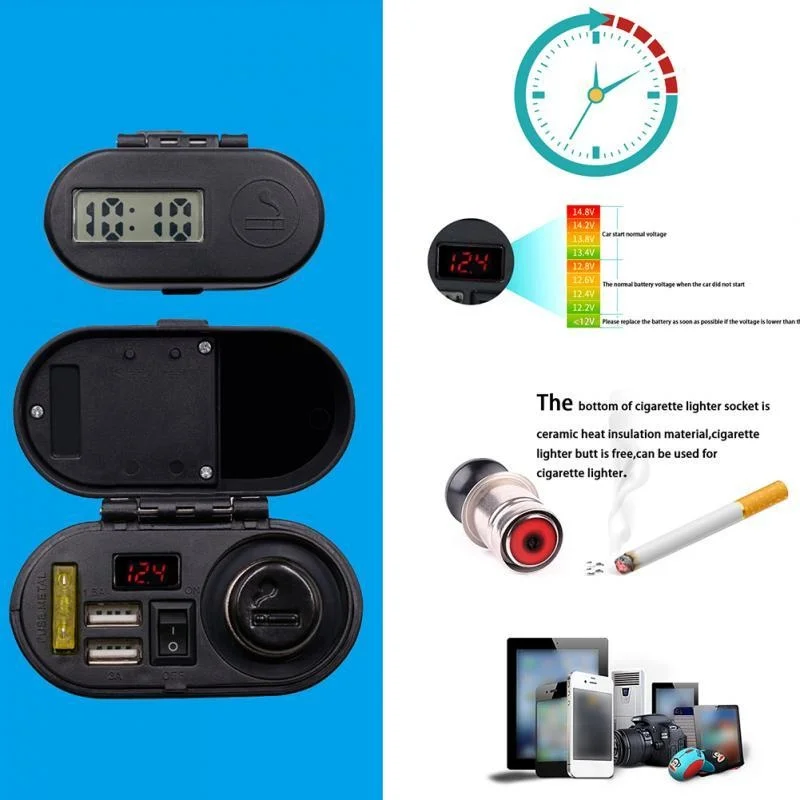 Motorcycle Waterproof Car Cigarette Lighter Socket Kit Dual Moto Usb Charger Power LED Voltmeter Time Display For Boat ATV