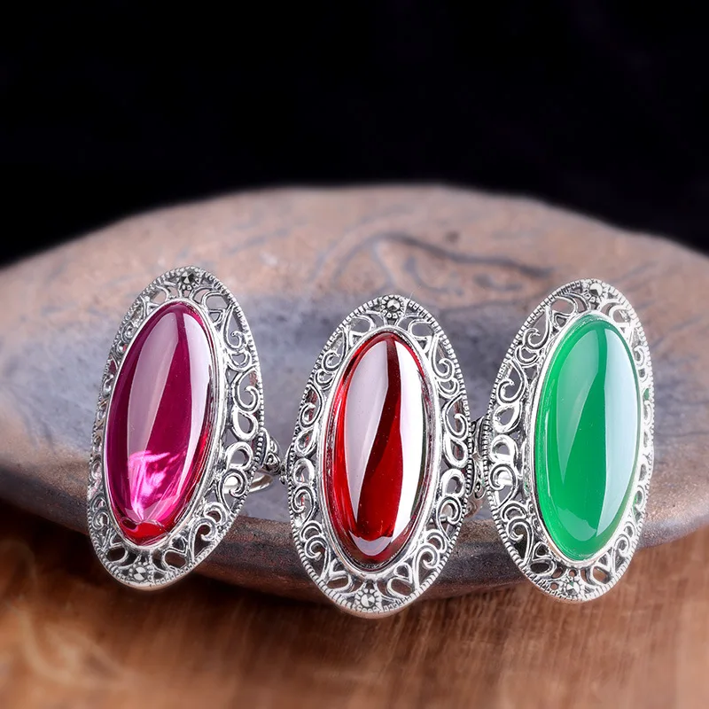 

Уродливые винтажные дворцовые дизайнерские полые кольца с виноградной лозой для женщин, овальные кольца из халцедона с драгоценными камнями, открытые кольца из серебра 925, ювелирные изделия для платья