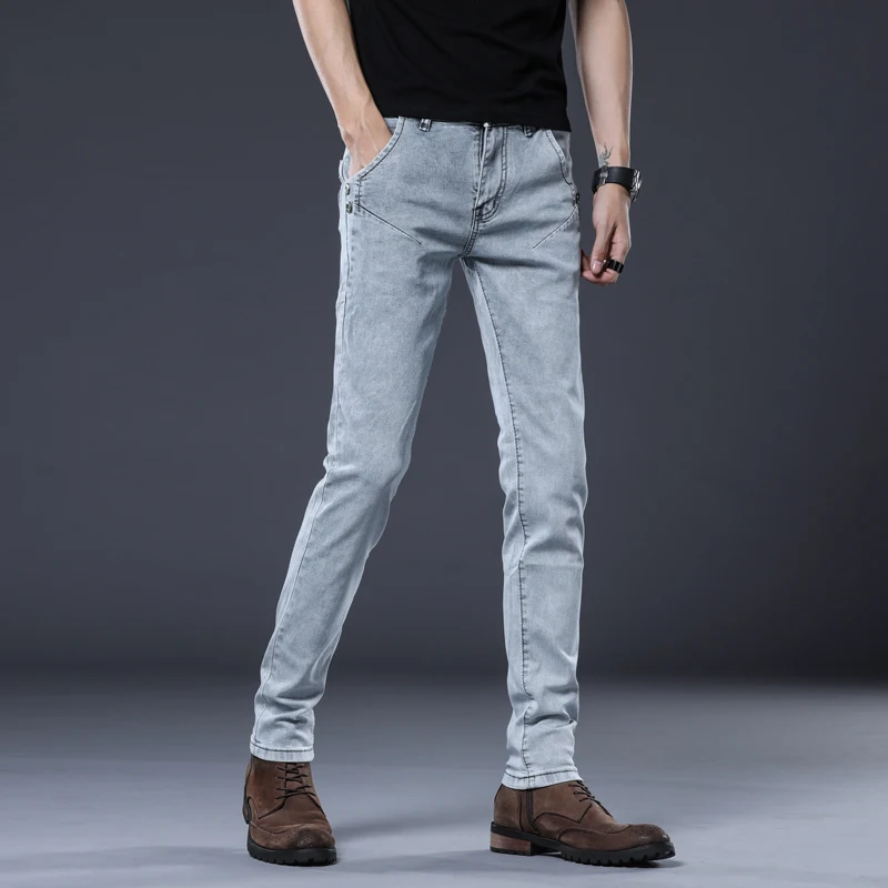 BROWON Vintage Style Men Pants Jeans Slim Fit Mid Waist Button Design Plus Size Classic Skinny Jeans Men Pencil Pant