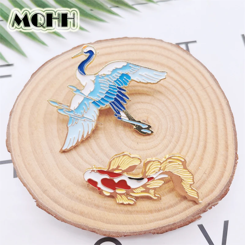 Creative Cartoon Animals Enamel Pins Birds Cranes Fish Koi Alloy Brooches Badges Clothes Accessories Exquisite Women Jewelry