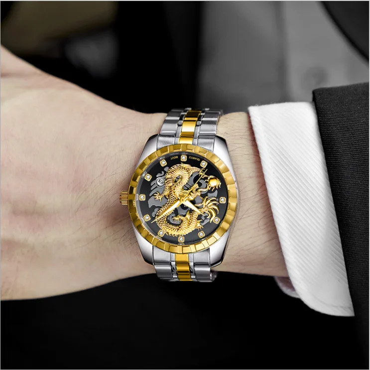 Reloj con estampado de dragón dorado de alta calidad para hombre, reloj con incrustaciones de diamantes, 3D, tridimensional, resistente al agua