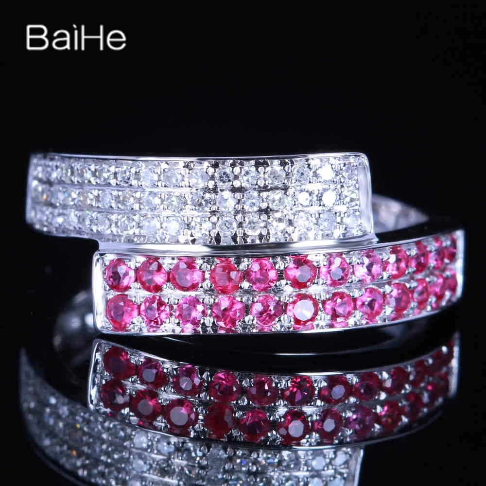 BAIHE Solid 14K White Gold Natural Diamond Ruby Ring Lady Wedding Band Trendy Wedding Engagement Fine Jewelry Making ルビーリング