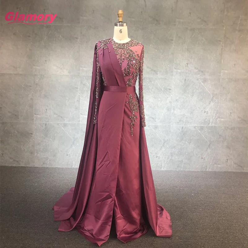 Custom Made American Middle East Hand Made Luxury Beading  Long Sleeve Evening Dress For Ladies