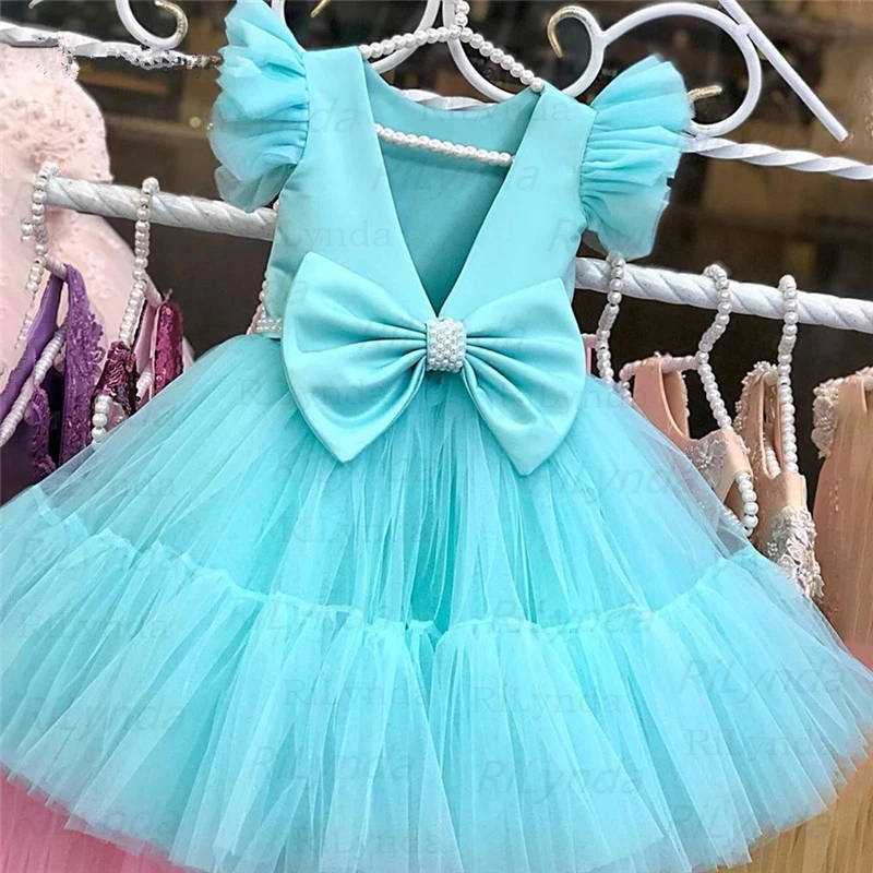 NEW Flower Girl Dresses Pearls Belt Bow Girl Princess Dress Simple Birthday Dress Vestido Comunion Niña