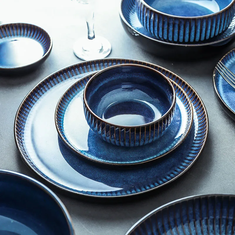 KINGLANG Ceramic Deep Blue Dinner Set Porcelain Tableware Set for 2/4 person Use Bowl Dish