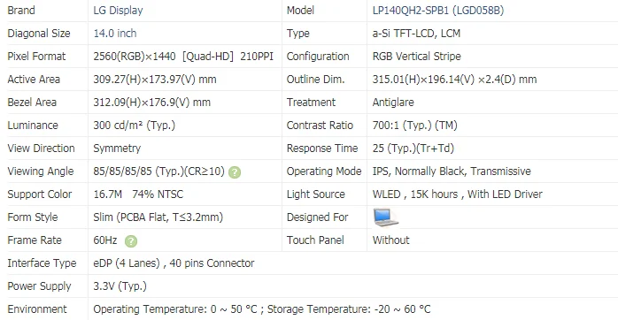 LP140QH2 SPB1 LP140QH2-SPB1 LCD Screen Panel for Lenovo ThinkPad New X1 Carbon 2560X1440