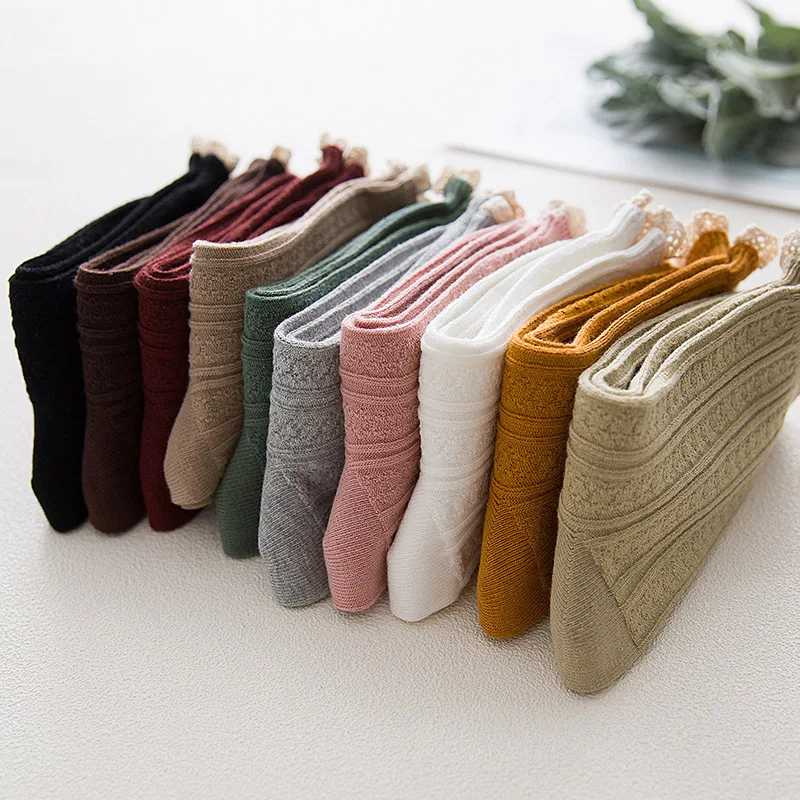 CHAOZHU Women Old School Lace Rib Cotton Casual Socks Lolita JK Sweet Style 10 Colors Daily Basic Vintage Girls Kawaii Socks