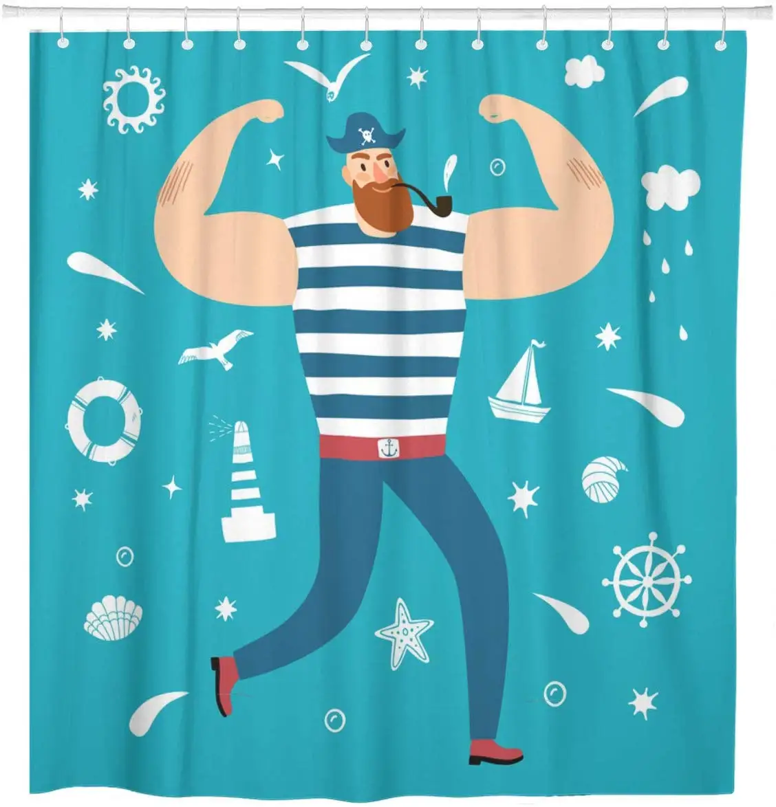 Mighty Pirate Sailor on Such As Seagull Lighthouse Wheel Shower Curtain Waterproof Polyester Fabric 72 x 78 Inches Set with Hook