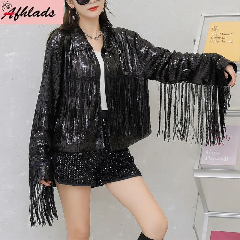 

Solid Color Streetwear Hip Hop Sequins Jackets Tassel Patchwork Coat Round Neck OuterWear Long Sleeve Women Loose Coats